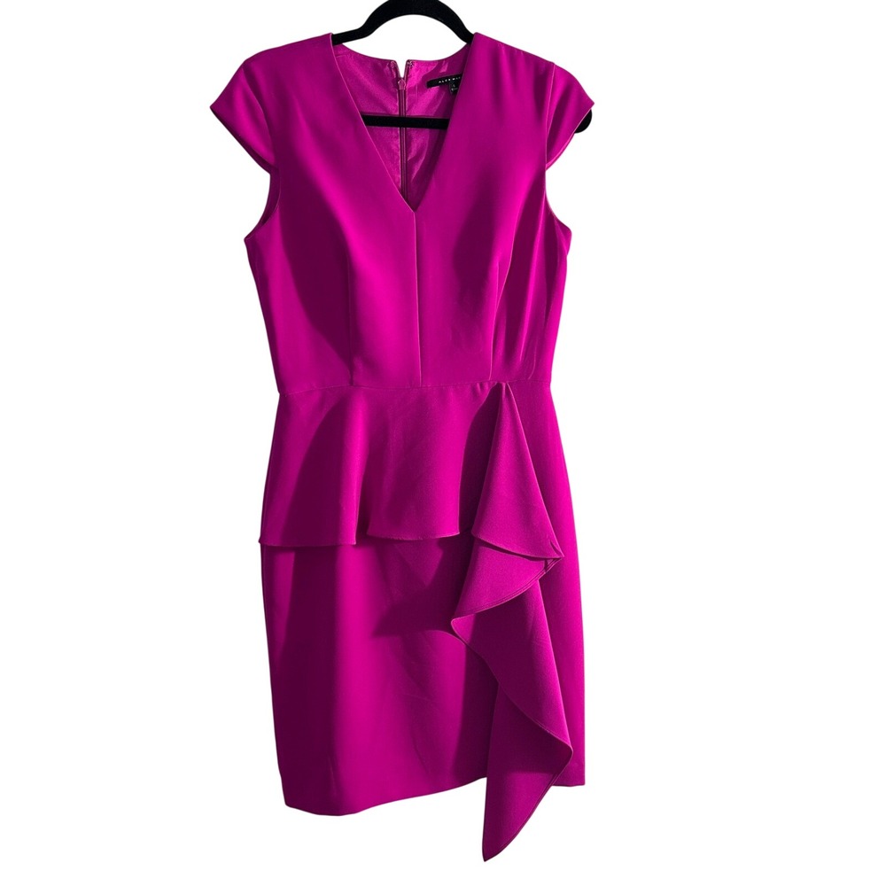 Alex Marie Magenta Pink Peplum Ruffle V-Neck Cap Sleeve Sheath Dress Size 6